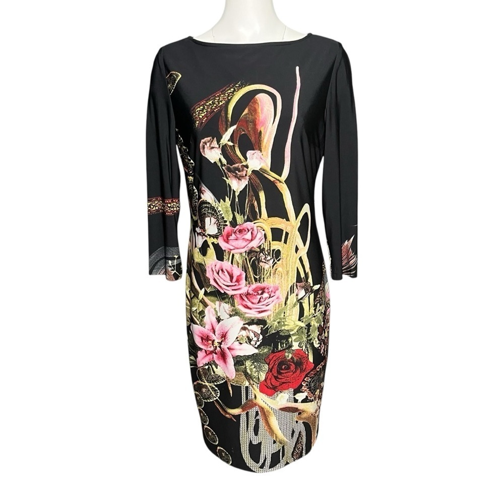 Joseph Ribkoff Long Sleeve Sheath Dress Black Pink Roses Size 12 Stretchy Knit - Picture 2 of 10